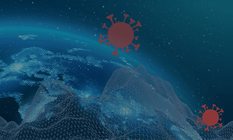 Depiction of Earth from space with data models in the foreground, as well as two Covid-19 viruses.