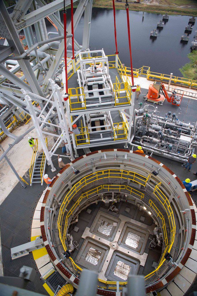 A pair of umbilical support structures needed for future testing of NASA’s exploration upper stage (EUS) are shown suspended in air