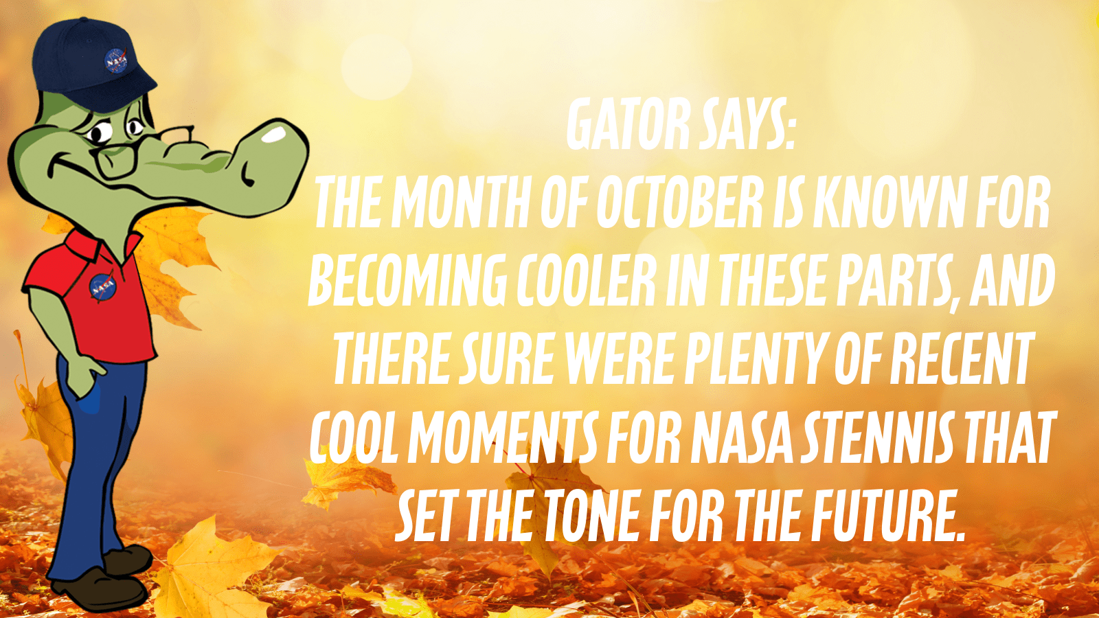 Banner for Gator Speaks feature in Lagniappe for November 2024; Gator, a fictional character, is shown on a fall background of autumn leaves; 