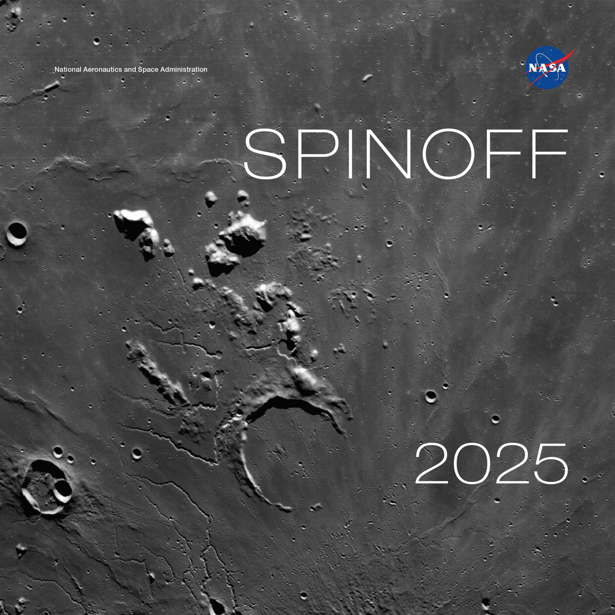 The cover of Spinoff 2025, NASA's annual publication that chronicles commercial products born from space technology, is a detailed view of the lunar surface captured by cameras on the Orion spacecraft on a close approach of the Moon during the Artemis I mission.