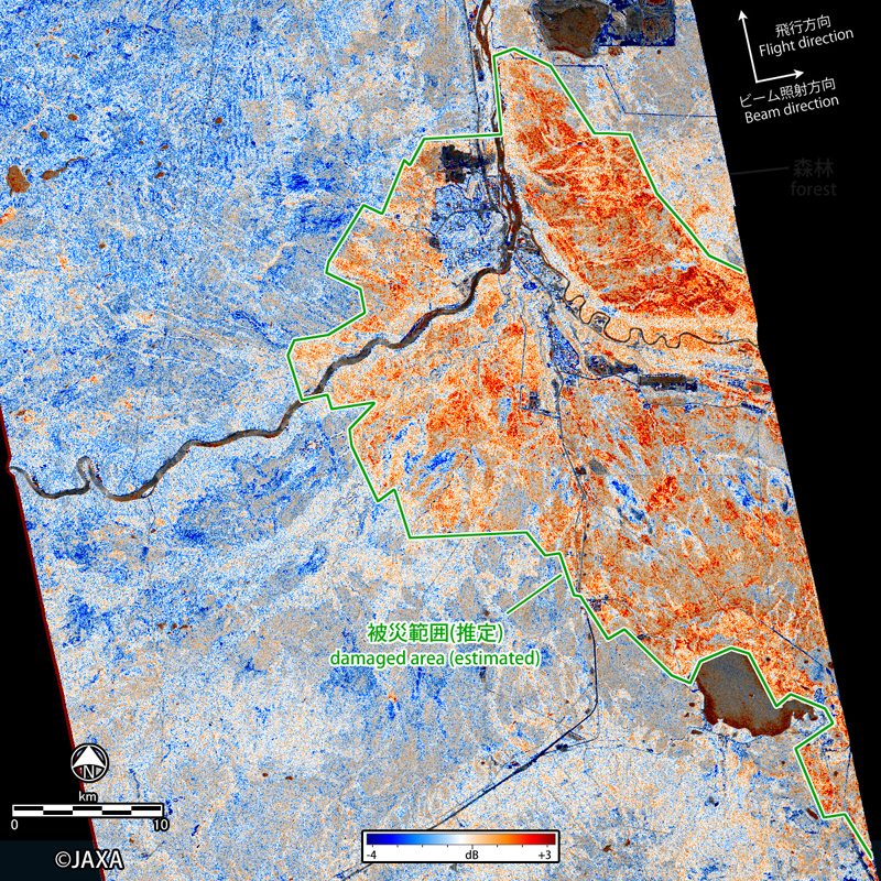 Fig.3: Change of HH-VV polarization. Estimated area of damaged forest is enclosed by green line.