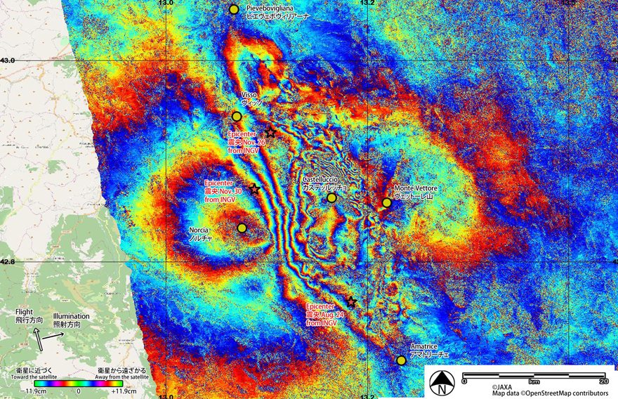 Fig.10: DInSAR result using the ALOS-2 PALSAR-2 data acquired before (September 9, 2015; UTC) and after (November 2, 2016; UTC) the three earthquakes.