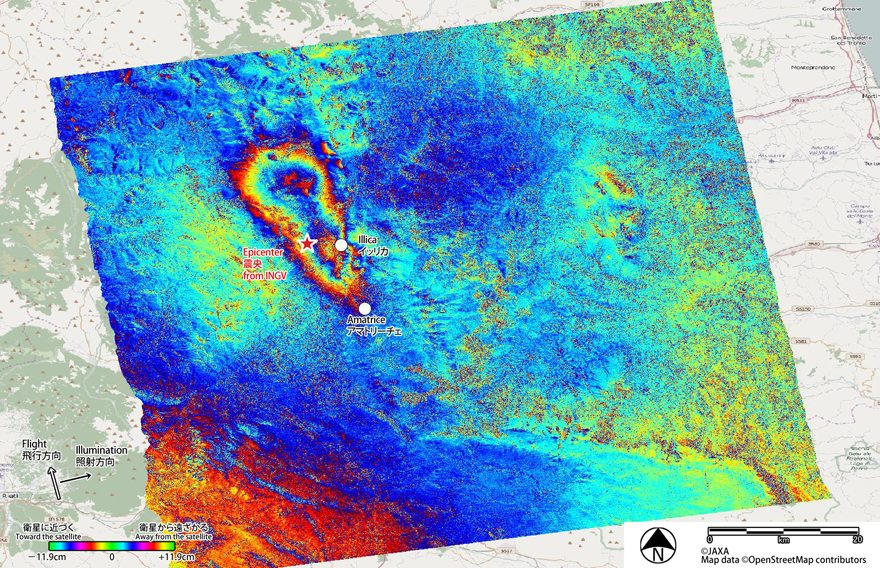 Fig.2: Differential interferometry (DInSAR) result using the ALOS-2 PALSAR-2 data acquired before (September 9, 2015; UTC) and after (August 24, 2016; UTC) the earthquake.